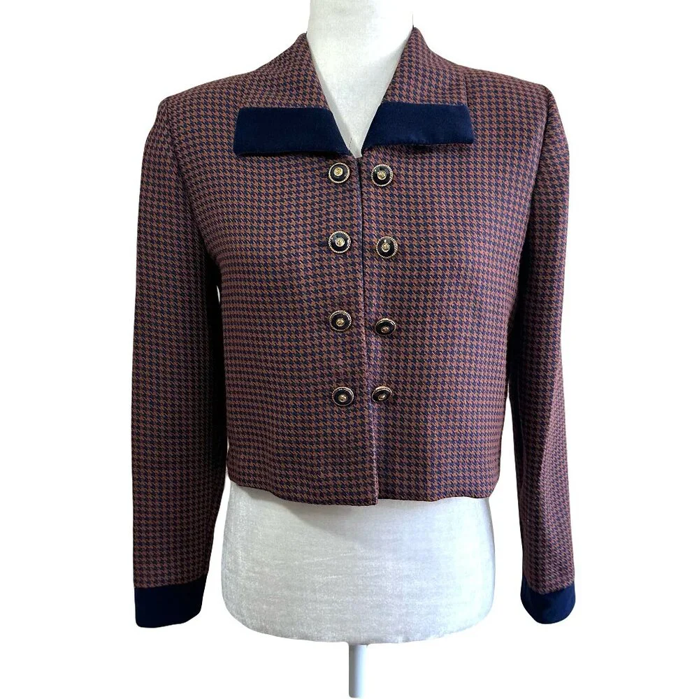 Jessica Howard Vintage 90s Houndstooth Blue/Tan Crop Blazer